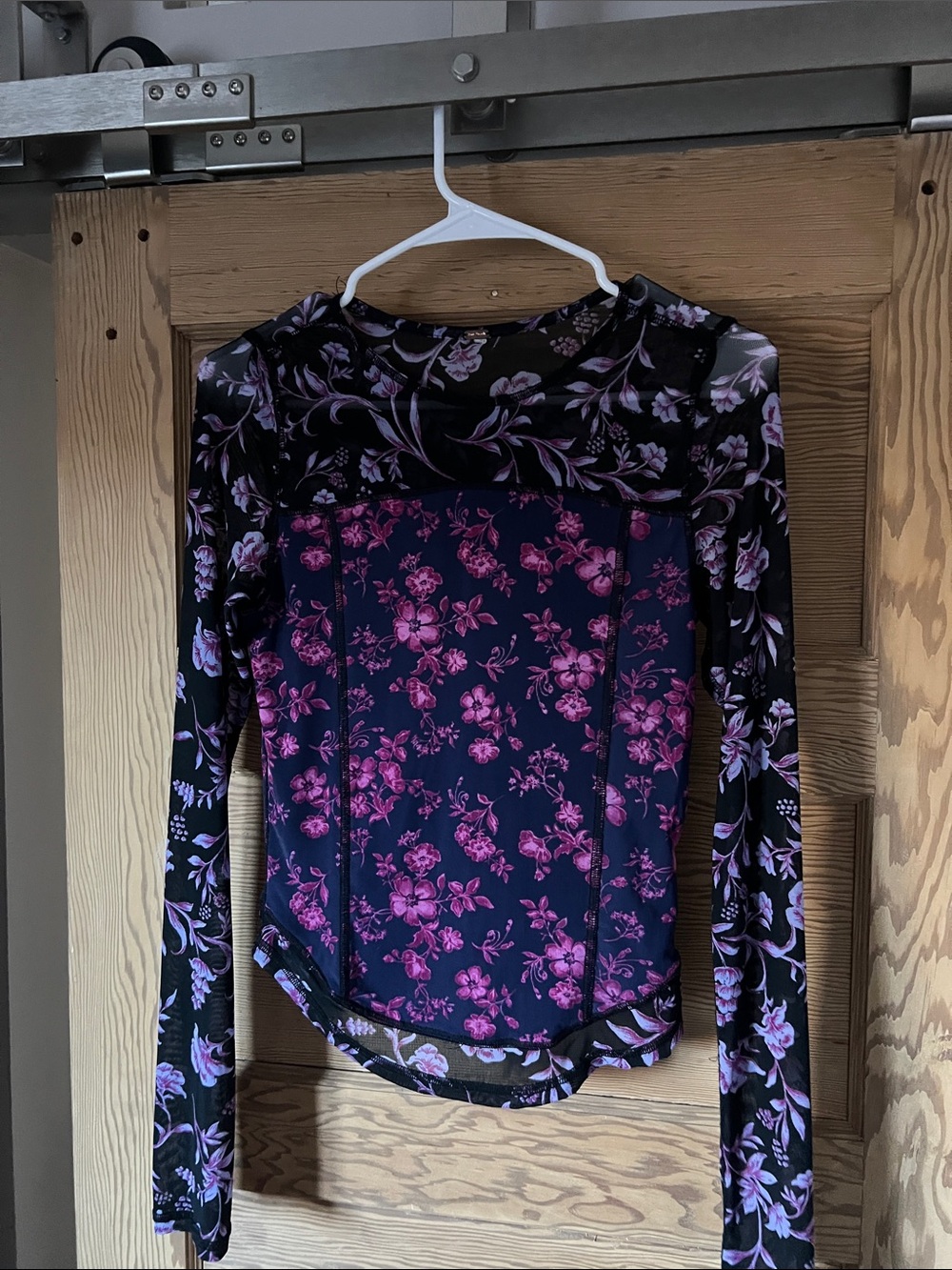 Free People Long-Sleeve Floral Mesh Panel Top in Black and Purple